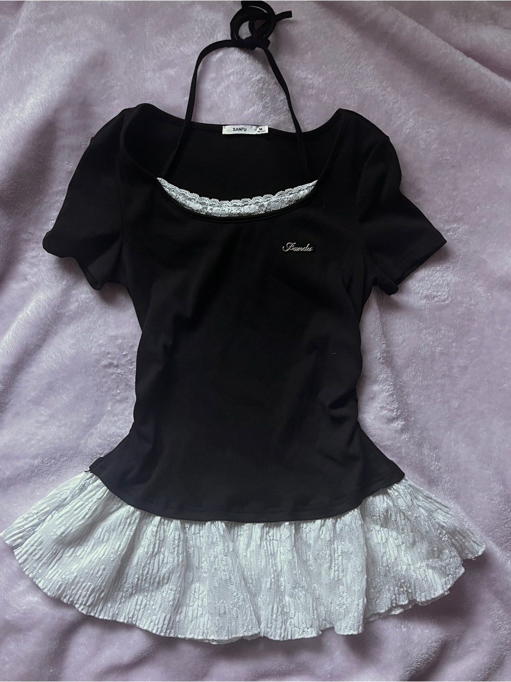 black short sleeve top with lace detail